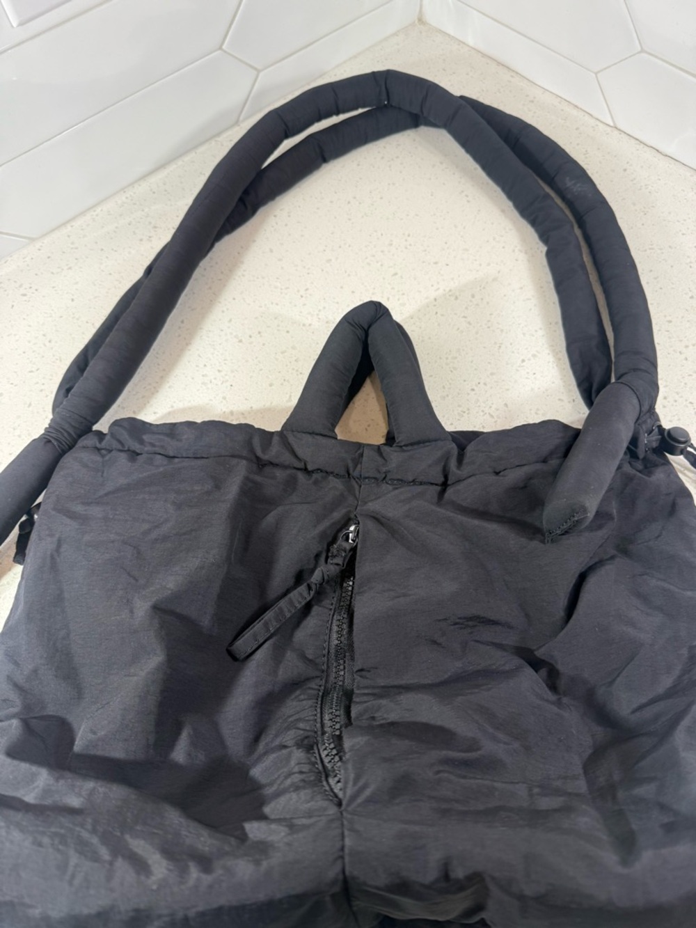 Black Puffer Tote Bag with Padded Handles - Picture 2 of 9